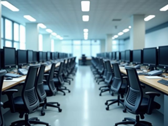 Medium shot of a modern call center environment with phones arranged in an orderly queue, bright atmosphere, no text or signage