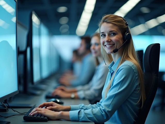Worm's-eye view of a modern call center with large digital displays, bright atmosphere, staff wearing headsets and smiling without looking at the camera, positive vibe, no text or words