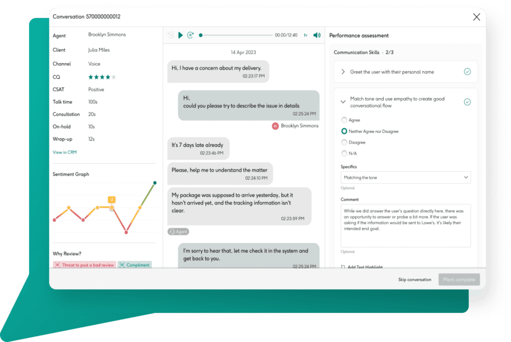 Scorecard showing customer call with transcript and analytics